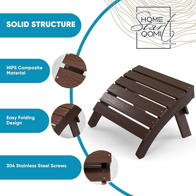 Adirondack Ottoman, Plastic Folding Adirondack Footstool, All Weather Ottoman for Adirondack Chairs, Widely Used for Outdoor, Porch, Patio, Garden, Poolside, Fire Pits - Brown