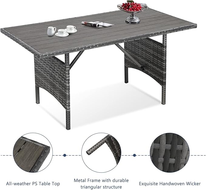 U-MAX Wicker Outdoor Dining Table, 54” Metal Frame Table for Patio Furniture or Indoor (Grey)