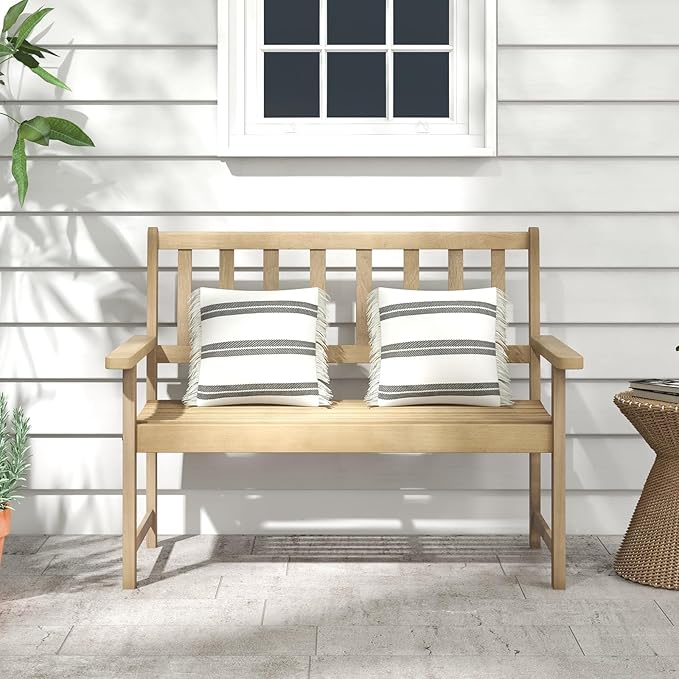 Tangkula Outdoor Teak Wood Garden Bench, 2-Person Patio Bench with Backrest and Armrests, Patio Garden Bench with Slatted Seat for Porch, Lawn, Balcony and Backyard