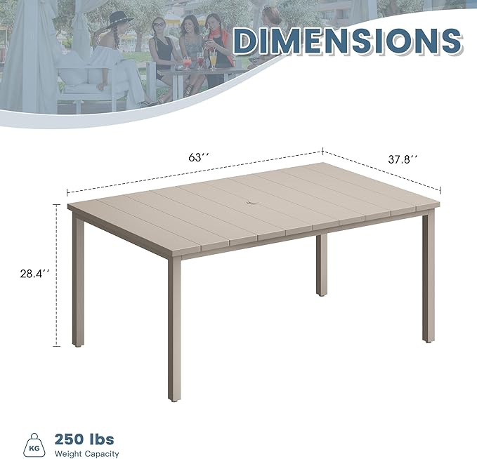 DIFY 63" Outdoor Patio Dining Table for 6, Metal Rectangular Steel Slat Patio Table with 1.57" Adjustable Umbrella Hole, Weather-Resistant for Garden Backyard Poolside Deck, Sandshell