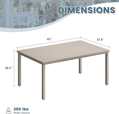 DIFY 63" Outdoor Patio Dining Table for 6, Metal Rectangular Steel Slat Patio Table with 1.57" Adjustable Umbrella Hole, Weather-Resistant for Garden Backyard Poolside Deck, Sandshell