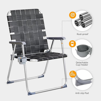 VINGLI Aluminum Oversize Patio Lawn Chairs Folding Set of 2 with Detachable Cup Holder, Webbed Beach Chair Folding Chair Outdoor Portable Camping Chair for Yard, Garden