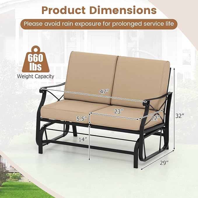 Giantex 2-Person Outdoor Glider, Rocking Chair Loveseat with Detachable Thick Cushions, Metal Frame, 660Lbs Capacity - Photo 3