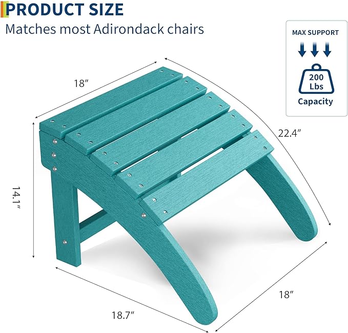 HDPE Adirondack Ottoman Foot Rest, Weather Resistant Outdoor Footstool for Adirondack Chair, Resin Patio Porch Poolside Lawn and Backyard Use
