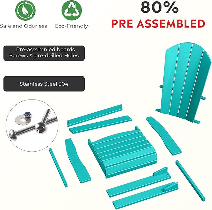 Costaelm Outdoor Fire Pit Chair, Patio hdpe Balcony Pool Adirondack Chair, Modern Front Porch Backyard Chair, Garden Resin Lounge Chair for Outside, Turquoise