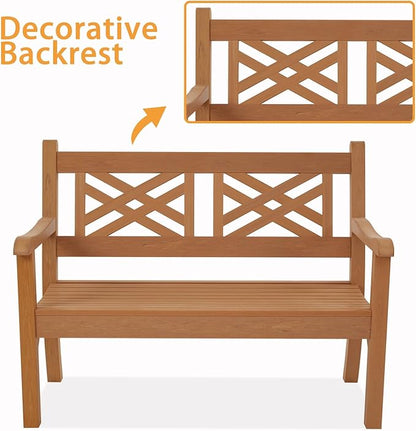 Psilvam 49''W All-Weather Poly Lumber Outdoor Bench – 2- Person Garden Bench with Decorative Backrest & Curved Armrests, Anti-Fade Patio Bench for Porch, Backyard, and Park(Teak Color)