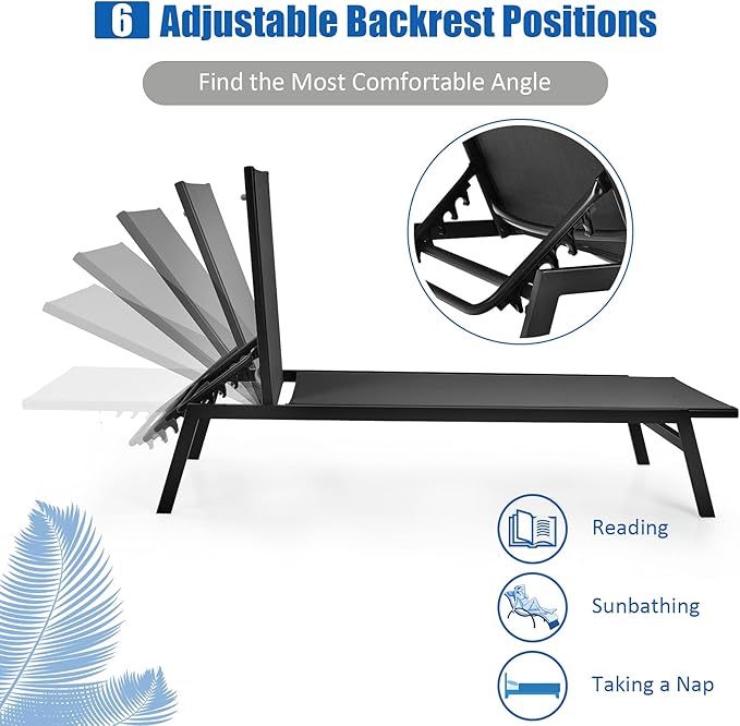 COSTWAY Patio Lounge Chair Outdoor, 6-Position Backrest Adjustable Pool Lounger, Metal Frame & Breathable Fabric - Photo 6