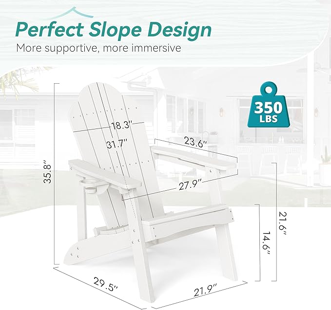HDPE Adirondack Chairs Set of 2, Salt-Spray & Weather Resistant Outdoor Seating with Hidden Cup Holder for Porch, Poolside, Deck & Coastal Backyard, White