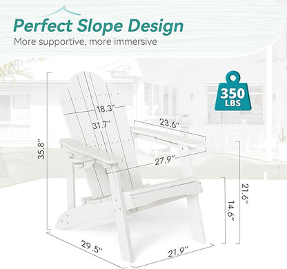 HDPE Adirondack Chairs Set of 2, Salt-Spray & Weather Resistant Outdoor Seating with Hidden Cup Holder for Porch, Poolside, Deck & Coastal Backyard, White