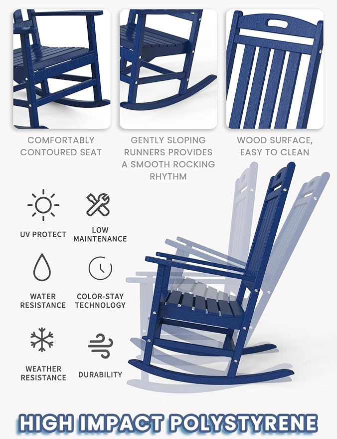 Outdoor Rocking Chair Set of 2, High Back HDPE Patio Chair, All Weather Porch Rocker, Lawn Chair for Deck, Porch, Backyard, Garden, Navy