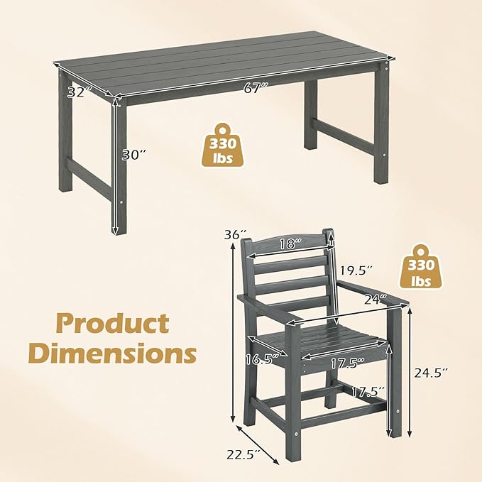 Tangkula 7 Pcs Outdoor Dining Table Set for 6, 67” HDPE Weather-Resistant Patio Rectangle Table & 6 Armchairs w/Curved Seat, Umbrella Hole, Wood Grain, Plastic Dining Furniture (Gray, 7 Pcs)