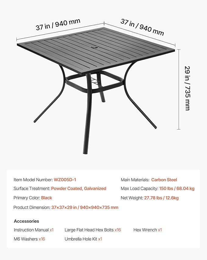 VEVOR Outdoor Patio Dining Table, 37 inch Square Metal Steel Slat Backyard Bistro Tables, with 1.5 in Umbrella Hole - Photo 3