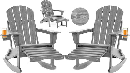 Folding Adirondack Rocking Chair Set of 2,4-in-1 Multifunctional Patio Chairs with Retractable Ottoman, Outdoor Chairs Wood Texture, Lawn Chair for Porch, Backyard, Pool(Grey)
