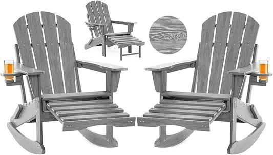 Folding Adirondack Rocking Chair Set of 2,4-in-1 Multifunctional Patio Chairs with Retractable Ottoman, Outdoor Chairs Wood Texture, Lawn Chair for Porch, Backyard, Pool(Grey)