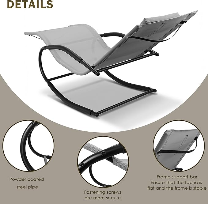 Zero Gravity Rocking Chair Lightweight Lounge Chair Recliner with Detachable Pillow for Patio, Lawn, Pool, Outdoor Home Furniture, Grey