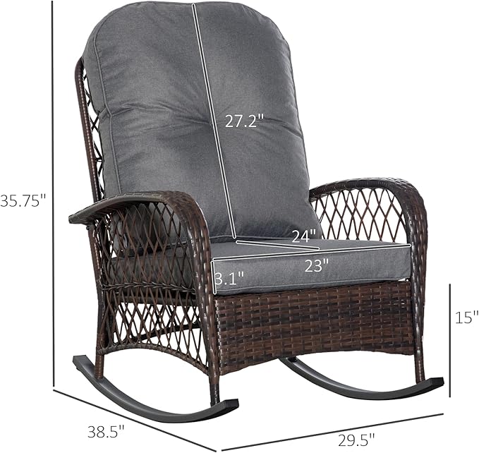 Outsunny Outdoor Wicker Rocking Chair with Wide Seat, Thickened Cushion, Rattan Rocker with Steel Frame for Patio, Garden, Backyard, Gray