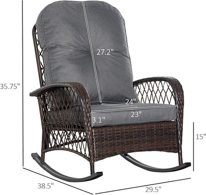 Outsunny Outdoor Wicker Rocking Chair with Wide Seat, Thickened Cushion, Rattan Rocker with Steel Frame for Patio, Garden, Backyard, Gray