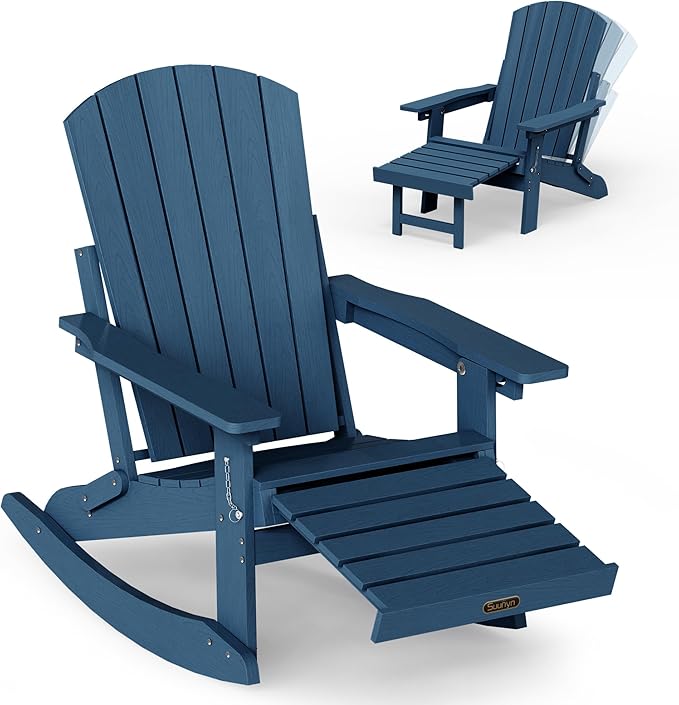 Adirondack Rocking Chair with Retractable Ottoman, 4-in-1 Foldable Reclining Patio Chair, HDPE Wood-Look Outdoor Rocker for Porch, Garden & Poolside, Navy Blue