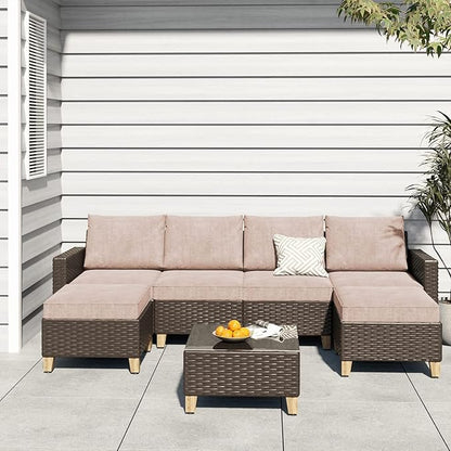 Grand patio Sofa Sets Outdoor Furniture Sets, Wicker Patio Furniture 7-Piece Sectional Sofa with Thick Olefin Cushions for Yard Garden Porch for Six (Beige Sofa Set for Six, 7 PCS)