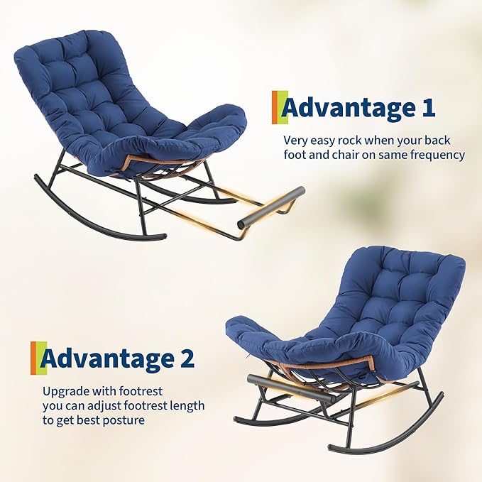 Outdoor Rocking Chair with Footrest, Oversized Patio Papasan Chairs with Cushion, Modern Lounge Rocker Chair for Indoor Living Room Garden Porch Balcony, Blue
