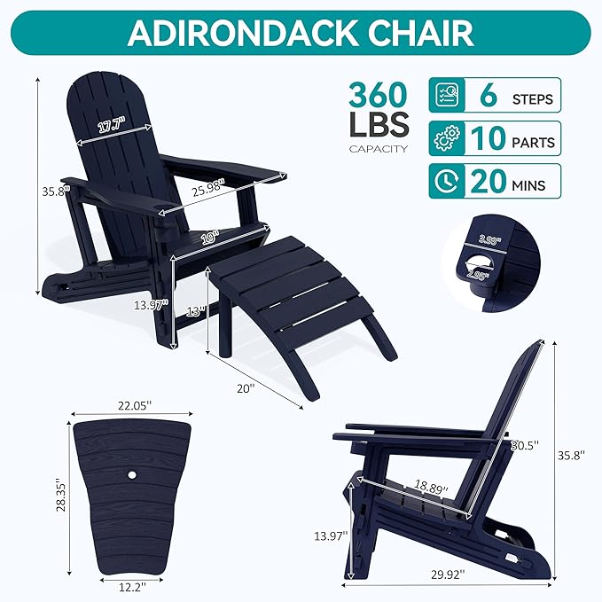 Vongrasig Adirondack Chairs Set of 2 with Removable Tabletop and Footrest, All-Weather HDPE Outdoor Chair Set with Wooden Textured, Cup Holder for Patio, Poolside, Deck, Garden, Dark Blue