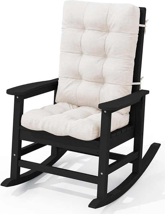 KINGYES Oversized Outdoor Rocking Chair with Cushion, All-Weather Patio Rocking Chairs, HDPE Porch Rocker for Adults, 350 lbs Capacity, Black Chair with Beige Cushion