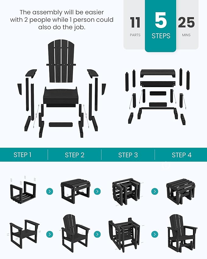 SERWALL Outdoor Glider Chair Set of 4 with Ottoman, HDPE Wood-Like Patio Glider Set All-Weather Porch Glider for Outside - Photo 9
