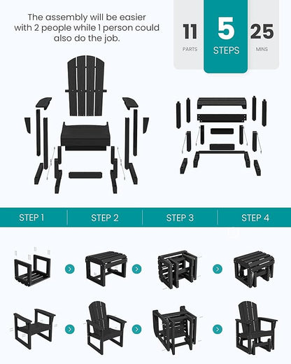 SERWALL Outdoor Glider Chair Set of 4 with Ottoman, HDPE Wood-Like Patio Glider Set All-Weather Porch Glider for Outside, Black