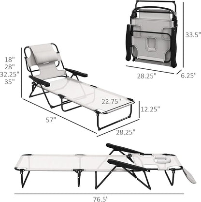 3-in-1 Oversized Sun Tanning Chair with Mat & Face Hole, Heavy Duty Folding Chaise Lounge - 5-Position Adjustable Outdoor Chair for Beach, Pool, Patio, Lawn, Yard - Includes Pillow (Beige)