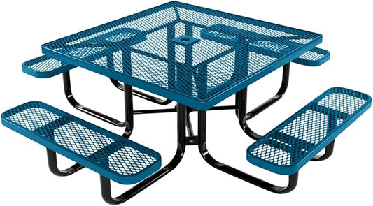 COATEDOUTDOORFURNITURE Heavy-Duty Portable Outdoor Kids Table with Umbrella Hole, Expanded Metal Kids Picnic Table, Commercial-Grade, Made in America (46 in, Square, Childrens, Light Blue)