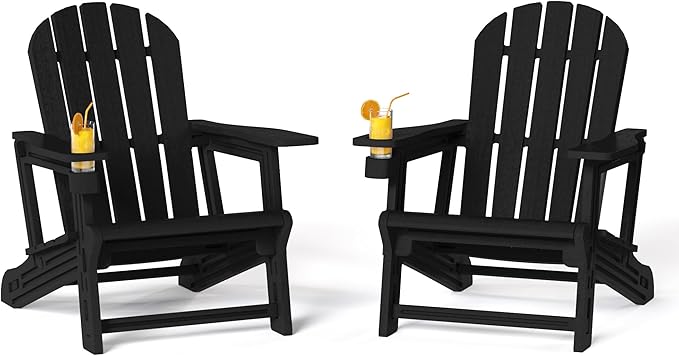 Costaelm Cayman Hardware-Free Assembly Outdoor Patio HDPE Poly Plastic Adirondack Chair with Cup Holder (Set of 2), Black