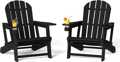 Costaelm Cayman Hardware-Free Assembly Outdoor Patio HDPE Poly Plastic Adirondack Chair with Cup Holder (Set of 2), Black