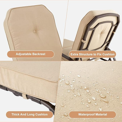U-MAX Adjustable Outdoor Chaise Lounge Chair Patio Lounge Chair Recliner Furniture with Armrest and Cushion for Deck, Poolside, Backyard (Beige, 1 PC)