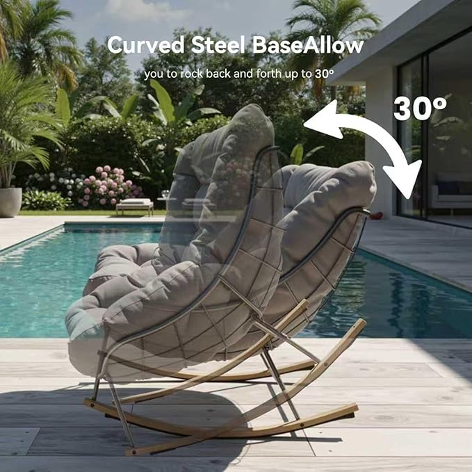 Outdoor Patio Rocking Chair, Oversized Papasan Chair with Cushion and Frame, Comfy Modern Rocker Egg Chair for Living Room, Garden Backyard,Grey