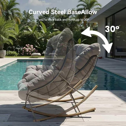 Outdoor Patio Rocking Chair, Oversized Papasan Chair with Cushion and Frame, Comfy Modern Rocker Egg Chair for Living Room, Garden Backyard,Grey