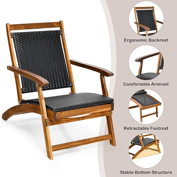 RELAX4LIFE Patio Chaise Lounge Chair - Acacia Wood Folding Rattan Wicker Chair w/Retractable Footrest - Photo 4