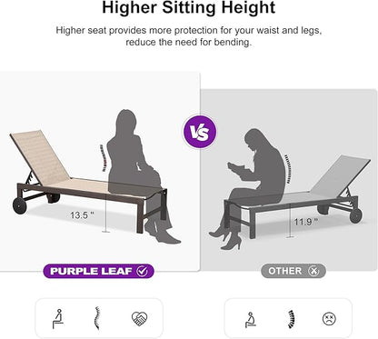 PURPLE LEAF Outdoor Chaise Lounge Chair Set of 3, Pool Lounge Chair for Outside, Patio Chaise Lounger with Adjustable Backrest and Wheels for Deck, Outside, Lawn, Garden, Light Tan