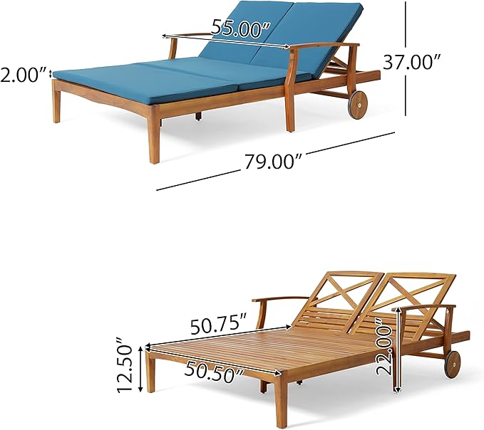 Outdoor Double Chaise Lounge Chairs, All Weather Acacia Wood Frame Patio Reclining Daybed Sunbed with Cushions and Adjustable Backrest for 2 People