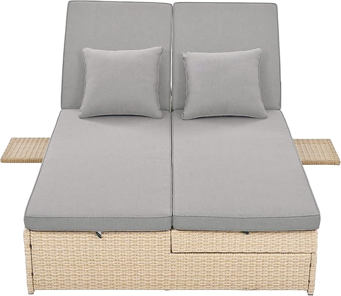 Patio Rattan Sunbed, All Weather Outdoor Wicker Double Daybed with Adjustable Backrest and Cup Tray - Photo 6