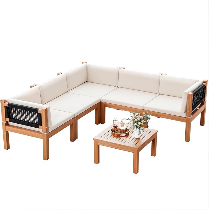 Devoko Outdoor Sectional Couch 6 Pieces Patio Sectional Sofa with Acacia Wood Coffee Table, Outdoor L-Shaped Couch with All-Weather Cushion for Patio,Deck,Backyard(White)