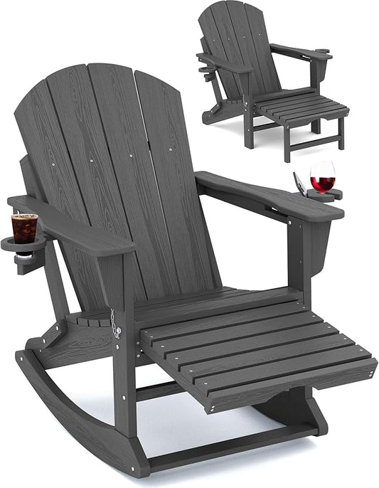 KINGYES Adirondack Rocking Chair with Retractable Ottoman and Cup Holders, HDPE Adirondack Rocker Patio Rocking Chair for Porch, Patio, Balcony, Leaden Grey