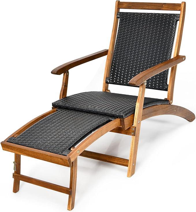 RELAX4LIFE Patio Chaise Lounge Chair - Acacia Wood Folding Rattan Wicker Chair w/Retractable Footrest, Space-Saving Ergonomic Deck Chair for Garden, Poolside, Patio