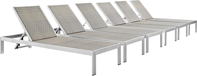 Modway Shore Aluminum Wicker Rattan Outdoor Patio Six Poolside Chaise Lounge Chairs in Silver Gray