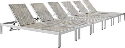 Modway Shore Aluminum Wicker Rattan Outdoor Patio Six Poolside Chaise Lounge Chairs in Silver Gray