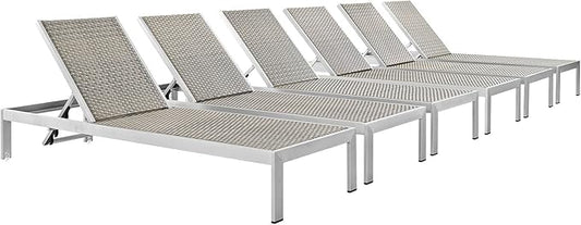Modway Shore Aluminum Wicker Rattan Outdoor Patio Six Poolside Chaise Lounge Chairs in Silver Gray