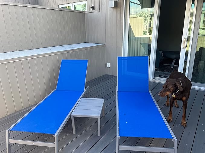 Domi Patio Chaise Lounge Set, Classic Pool Lounge Chairs with 5 Adjustable Posation, Breathable Textilene Fabric, Headrest and Table, Steel Frame Pool Chairs, Blue