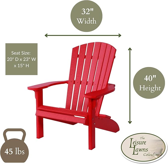 Leisure Lawns Poly Plastic Fanback Adirondack Chair, Outdoor Patio Chair - Amish Made in USA (Red)