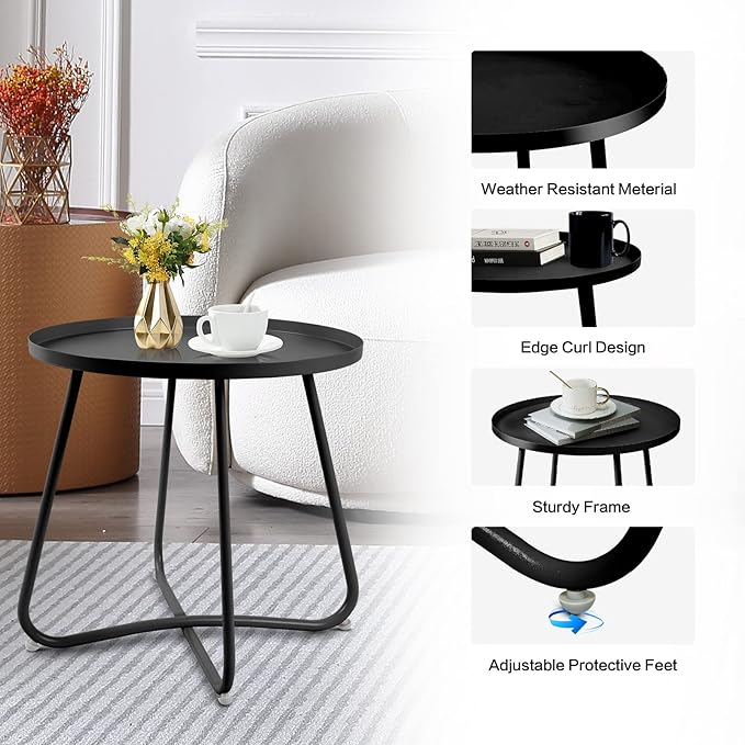 Babion Black Outdoor Side Tables, Small Outdoor Table, Round Patio Side Table Steel - Photo 4