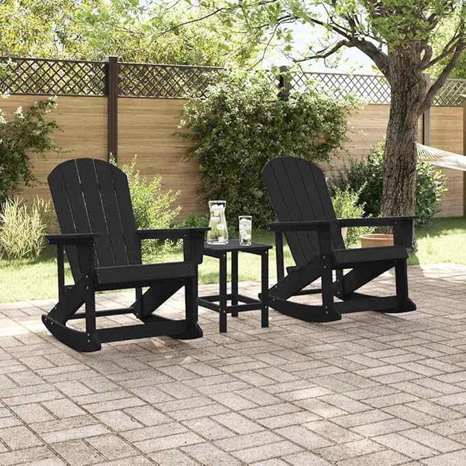 2 Pcs Adirondack Rocking Chairs Set, Weather-Resistant HDPE Outdoor Patio Furniture with Removable Cushions, All-Weather Garden Lounge Set for Porch, Backyard, Black