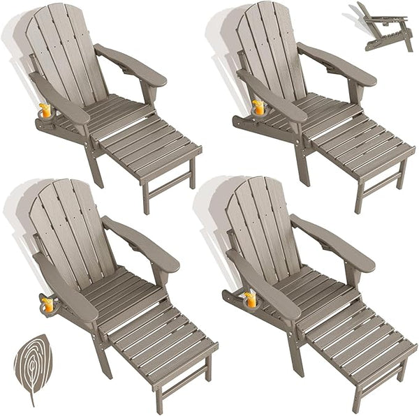 GREENVINES Adjustable Adirondack Chair with Retractable Ottoman Set of 4 | Folding | Wood Grain HDPE Plastic - Photo 1